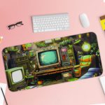 Infidu Tech Fusion Desk Pad with Cozy Vintage Room Design Featuring Old TVs, Green Sofa, and Plants Desk Pad with Keyboard and Mouse