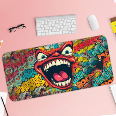 Infidu Abstract Comic Art Desk Pad with Red Monster Design Featuring Big Mouth and Teeth Desk Pad with Keyboard and Mouse