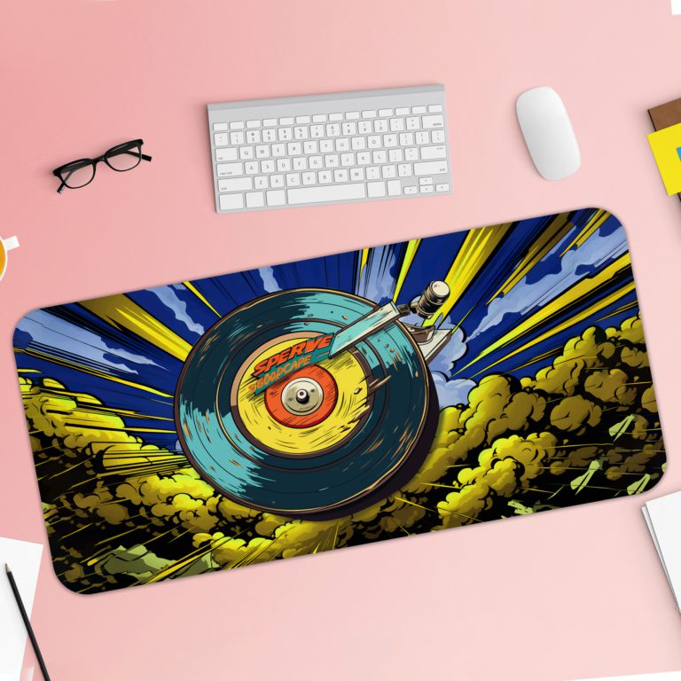 Infidu Record Disk Animated Desk Pad with Yellow and Blue Background and Bright, Lively Design Desk Pad with Keyboard and Mouse