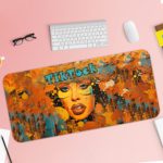 Infidu Artistic Girl’s Face Desk Pad with Vibrant Yellow and Blue Background Desk Pad with Keyboard and Mouse