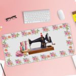 Infidu Modern Stitch Sewing Machine Desk Pad with White Background and Yellow, Pink, and White Flower Corners Desk Pad with Keyboard and Mouse