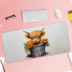 Desk pad with a fluffy brown highland cow sitting in a blue and white bucket, surrounded by yellow flowers and greenery on a light grey background. Desk Pad with Keyboard and Mouse