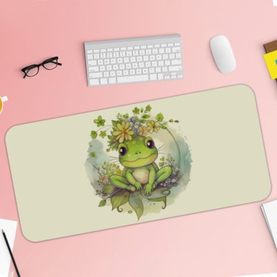 Desk pad with a playful frog design and a yellow flower on a white background. Desk Pad with Keyboard and Mouse