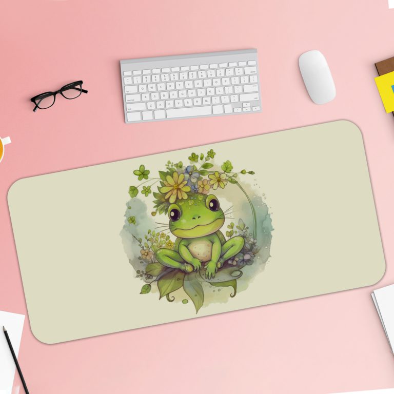 Desk pad with a playful frog design and a yellow flower on a white background. Desk Pad with Keyboard and Mouse