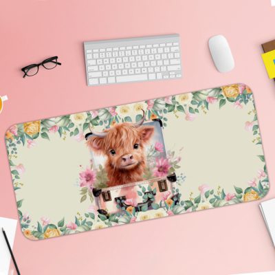 Desk pad with a playful cow design, yellow rose, and pink and white flowers in the background. Desk Pad with Keyboard and Mouse