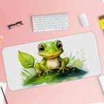 Desk pad with a green frog sitting on the grass and surrounded by leaves, set against a white background. Desk Pad with Keyboard and Mouse