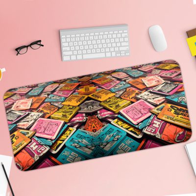 Infidu Vintage Books Design Desk Pad featuring vibrant, multi-colored book art Desk Pad with Keyboard and Mouse