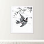 vintage art print of the Hondo Great Spotted Woodpecker by Numata Kashu mounted on the wall