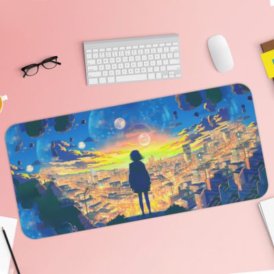 Desk pad showing a person standing on a ledge, overlooking a cityscape at sunset with blue and yellow tones, silhouetted against the sky. Desk Pad with Keyboard and Mouse