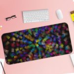 Infidu Artistic Desk Pad with elegant abstract shattered glass pattern in green, blue, purple, and yellow on a dark background. Desk Pad with Keyboard and Mouse