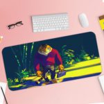 Infidu Artistic Desk Pad with Anime Tiger in Jungle Setting, Dressed in Blue and Red Sweater and Blue Jeans Desk Pad with Keyboard and Mouse