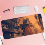 Desk pad with an anime girl walking through a warm-toned urban street at sunset, with detailed buildings and power lines. Desk Pad with Keyboard and Mouse