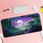 Infidu Space Desk Pad features a silhouette of a person looking at a surreal mountain view under a bright moon with floating celestial bodies. Desk Pad with Keyboard and Mouse