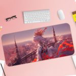 Anime queen with white hair and red accents in front of a fantasy cityscape with tall spires and a gray and white sky on a desk mat. Desk Pad with Keyboard and Mouse