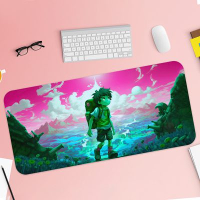 Desk mat featuring an anime boy trekking in a landscape with a pink and purple sky, turquoise sea, and green elements. Desk Pad with Keyboard and Mouse