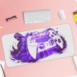 Gaming desk pad with a game controller in violet and blue colors on a predominantly white background. Unique and artistic design by digital artists Design of an Antique Video Game on a desk pad