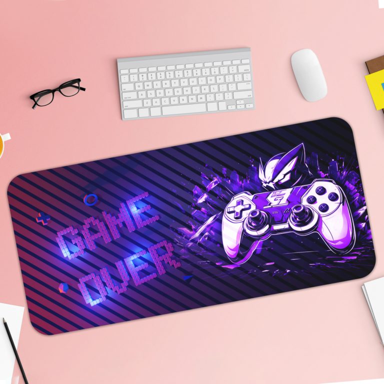 Gaming desk pad featuring a game controller painted in black, violet, and blue colors with a predominantly blue background design of Antique Video Game on a desk pad