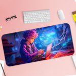 A young person with colorful hair using a laptop, glowing blue light, and tendrils suggests a fantasy theme. Desk Pad with Keyboard and Mouse