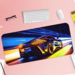 Desk pad featuring a stylized sports car in motion with blue, yellow, and orange light trails. Desk Pad with Keyboard and Mouse