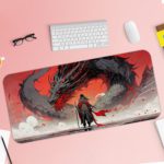 Desk pad with anime-style queen and dragon-like creature in red, gray, and black. Desk Pad with Keyboard and Mouse