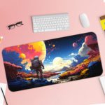 Infidu Space Desk Pad with an astronaut standing on an alien planet, featuring a colorful sky with multiple moons and vibrant colors. Desk Pad with Keyboard and Mouse