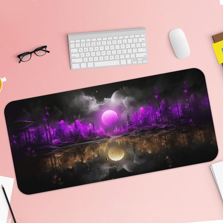 Mystical moonlit scene with a glowing light source reflecting on water, surrounded by purple clouds or mist on a dark background. Desk Pad with Keyboard and Mouse