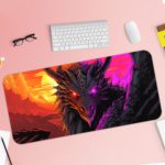 Desk pad featuring a close-up of a dragon's face and neck with intricate scales, set against a vibrant sunrise sky. Desk Pad with Keyboard and Mouse