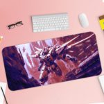 Futuristic mecha robot in purple and red with a sci-fi battle background on a high-quality desk pad. Desk Pad with Keyboard and Mouse