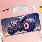 Futuristic bike design in black and pink with a navy blue and yellow background. Ideal for sci-fi and cyberpunk themes. Desk Pad with Keyboard and Mouse