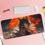 An anime-style character with dark hair surrounded by fiery orange and red elements with a dragon-like creature in the background. Desk Pad with Keyboard and Mouse