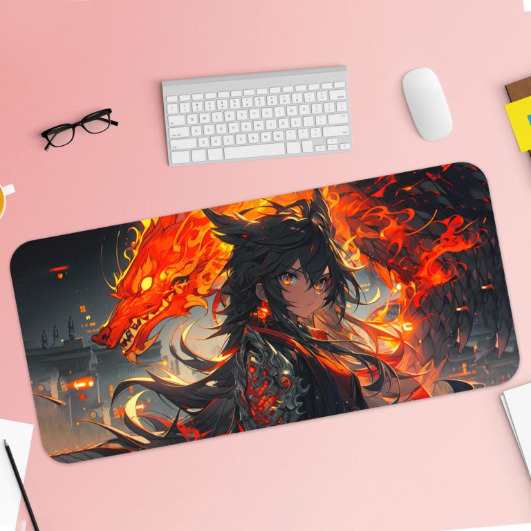 An anime-style character with dark hair surrounded by fiery orange and red elements with a dragon-like creature in the background. Desk Pad with Keyboard and Mouse