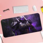 Futuristic robot design in blue and purple on a dark starry background, perfect for a sci-fi-themed desk pad. Desk Pad with Keyboard and Mouse