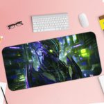 Desk pad with a futuristic robotic creature in a vibrant, neon-lit cyberpunk cityscape. Desk Pad with Keyboard and Mouse