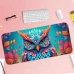 Illustration of a colorful owl with vibrant blue, purple, and orange feathers on a teal and turquoise background on the Infidu Artistic Animated Desk Pad with Keyboard and Mouse