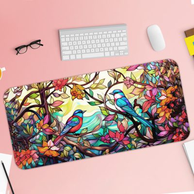 Illustration of two colorful parrots on a branch surrounded by pink, blue, and red flowers and leaves on the Infidu Artistic Animated Desk Pad. Desk Pad with Keyboard and Mouse