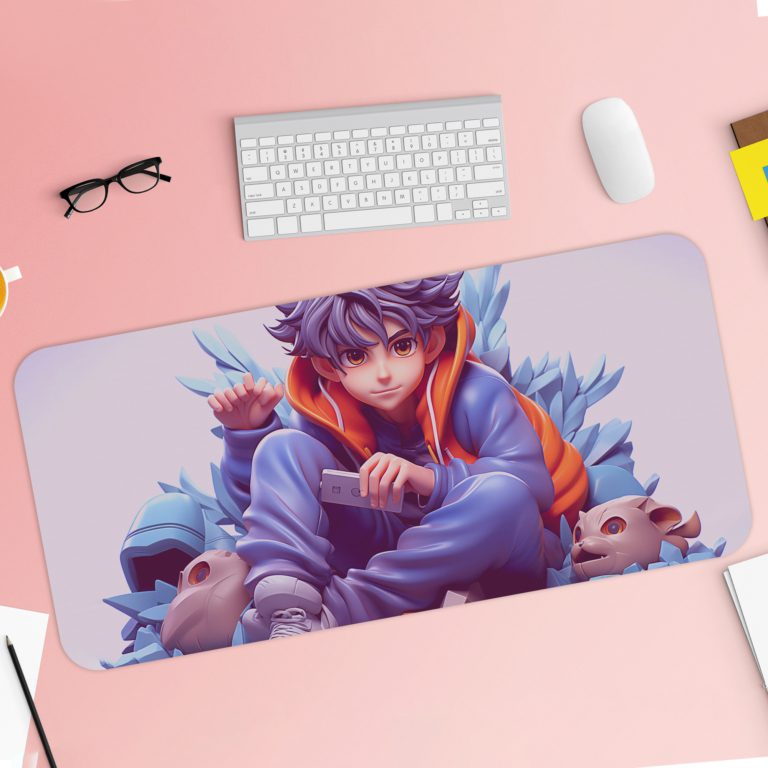 3D design of a character with short hair sitting in a hoodie, surrounded by small objects, in shades of blue and orange. Desk Pad with Keyboard and Mouse