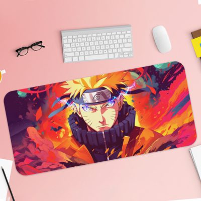 Naruto anime character with spiky blonde hair and headband against a colorful, explosive background in shades of purple, pink, orange, and blue. Desk Pad with Keyboard and Mouse