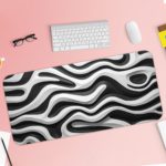 Infidu Artistic Pattern Desk Pad with a black background and parallel white wave lines. Desk Pad with Keyboard and Mouse