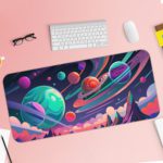 Infidu Space Vector Desk Mat features a colorful space scene with planets, stars, and abstract shapes in bright blues, purples, pinks, and greens. Desk Pad with Keyboard and Mouse