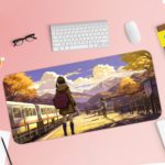 Infidu Artistic Desk Mat with an anime girl on a train platform, autumn trees, mountains, and a blue sky with clouds. Desk Pad with Keyboard and Mouse