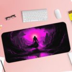 Infidu Artistic Desk Pad with an anime ninja silhouette in front of a bright purple light, set in a dark, mystical cave-like environment. Desk Pad with Keyboard and Mouse