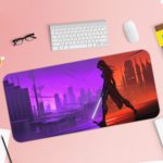 Infidu Artistic Desk Pad with an anime ninja silhouetted in a cityscape, holding a sword, with a background split between purple and red tones. Desk Pad with Keyboard and Mouse