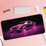 Infidu Artistic Desk Pad with a vintage sports car outlined in glowing purple neon against a dark background, creating a retro-futuristic look. Desk Pad with Keyboard and Mouse