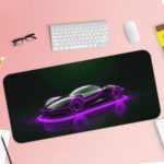 Desk pad featuring a sleek, futuristic sports car in glowing purple neon against a dark background. Desk Pad with Keyboard and Mouse