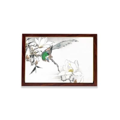 vintage art print featuring the Chinese Tree Pipit and Magnolia by Numata Kashu,brown frame is placed on the wall