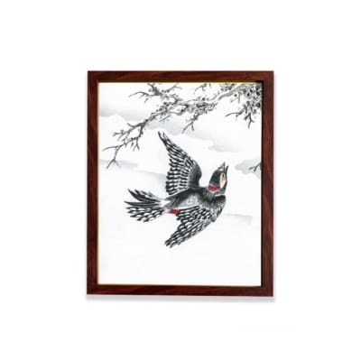 vintage art print of the Hondo Great Spotted Woodpecker by Numata Kashu, displayed on a white wall