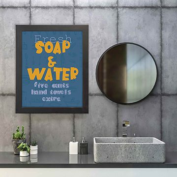 Modern bathroom wall art featuring the message 'Fresh Soap & Water Five Cents' with a sleek design, perfect for adding contemporary flair to bathroom decor.