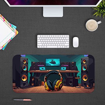 geek desk pad with headphone and spekers