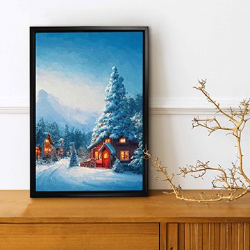 Nature wall art featuring a house in a snowy place, beautifully lighted with a tree and a mountain in the background, creating a cozy and serene winter scene