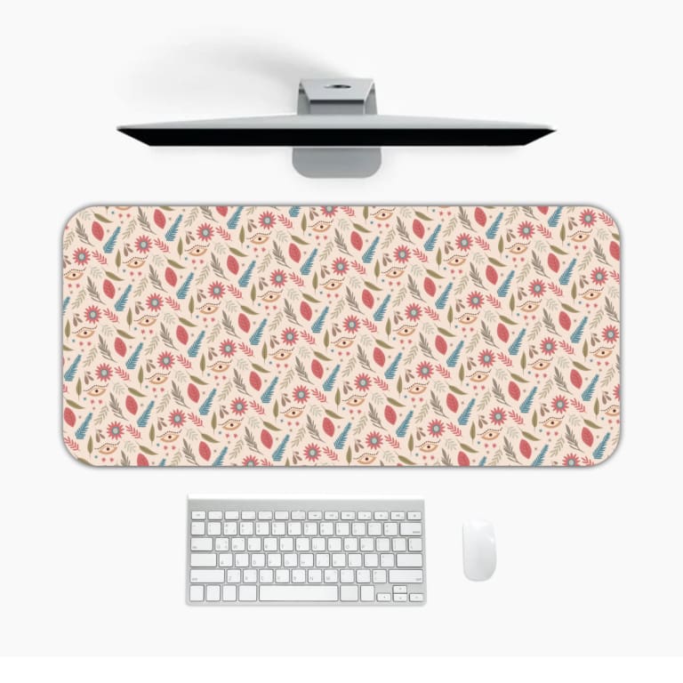 Infidu Boho Pattern Desk Mat with a colorful pattern of abstract shapes and lines in pink, blue, and green. Desk Mat with a Computer